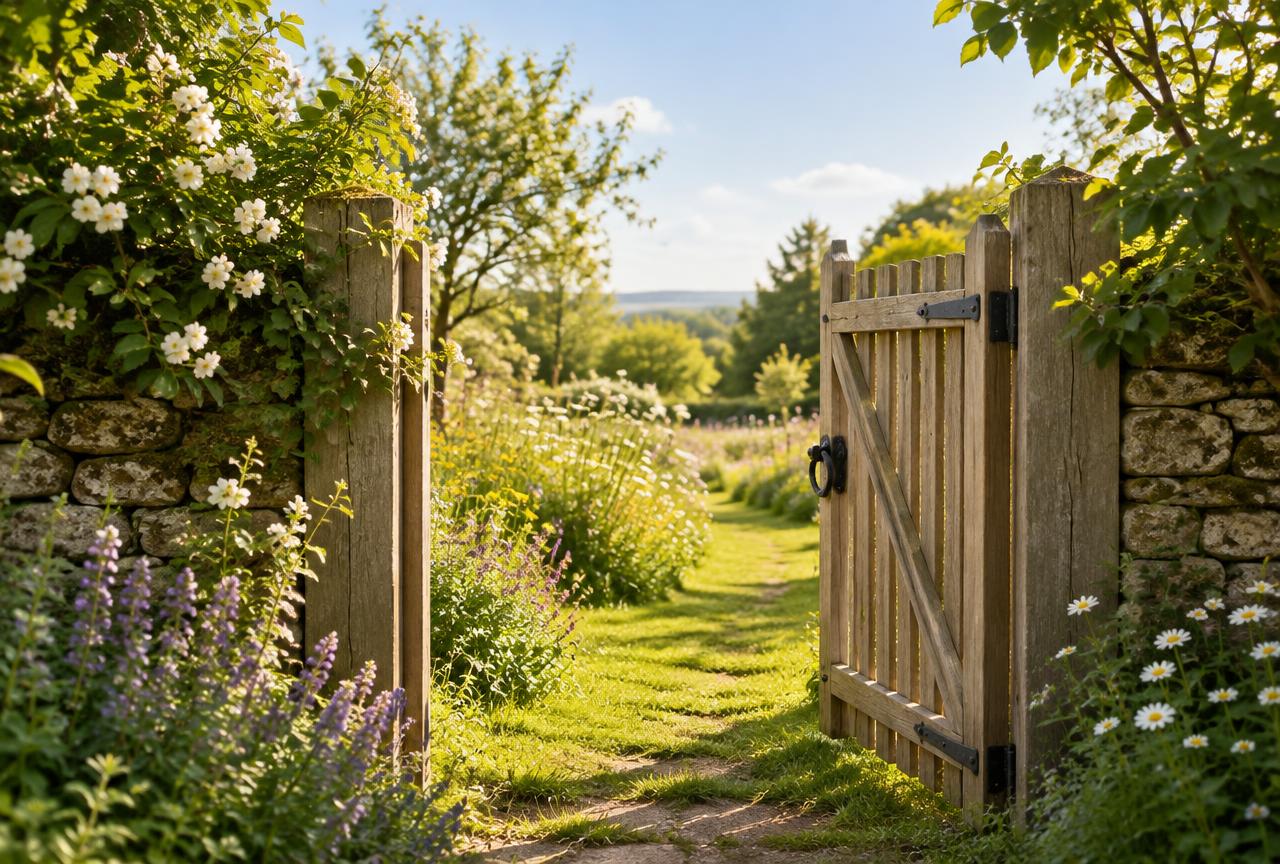 An open wooden garden gate leading onto a sunlit grassy path