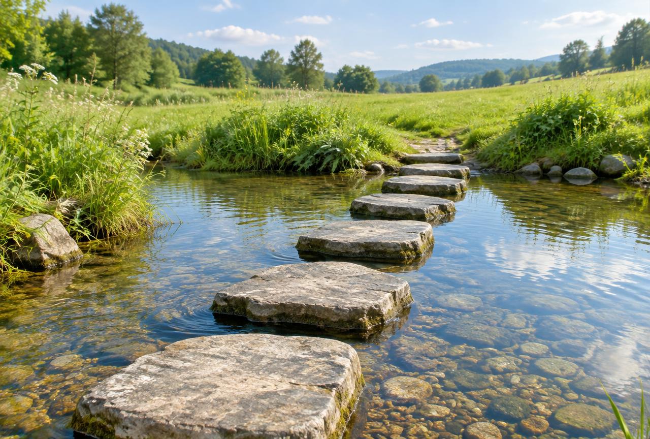 Stepping stones crossing a clear stream in a sunny meadow