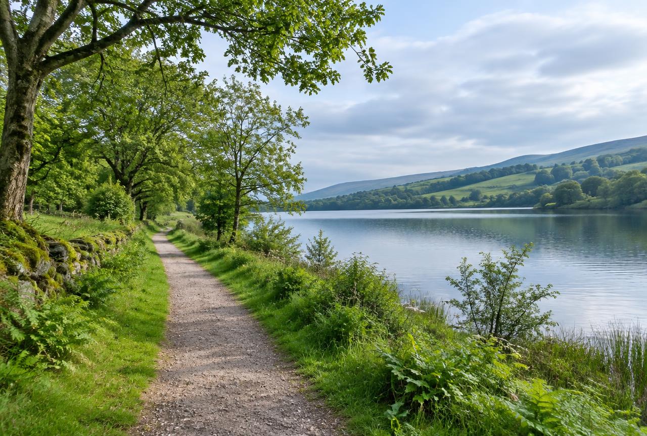 A quiet walking path beside a lake, surrounded by green trees and hills