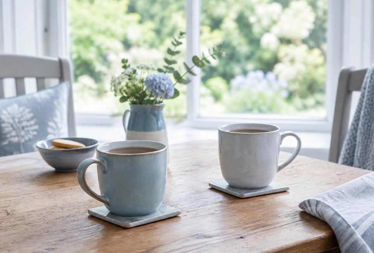 Two mugs of tea on a wooden table beside a bright garden window